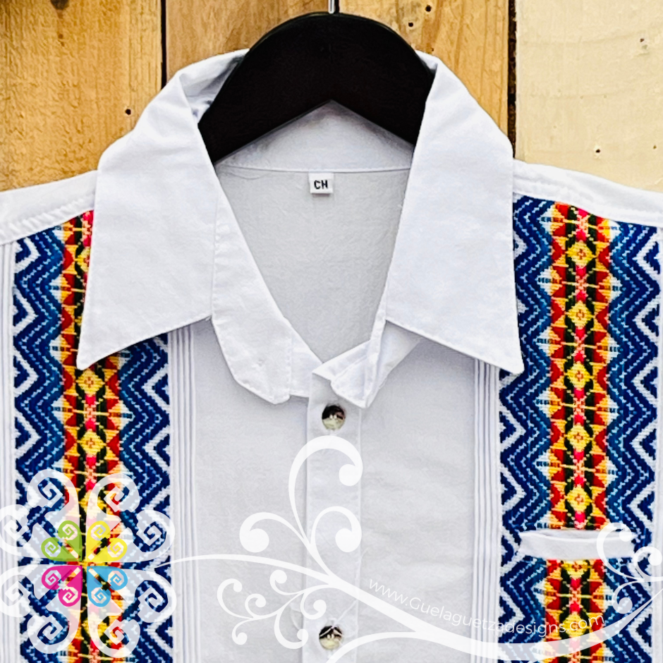 White with Blue Guayabera Michoacán - Embroider Men Shirt