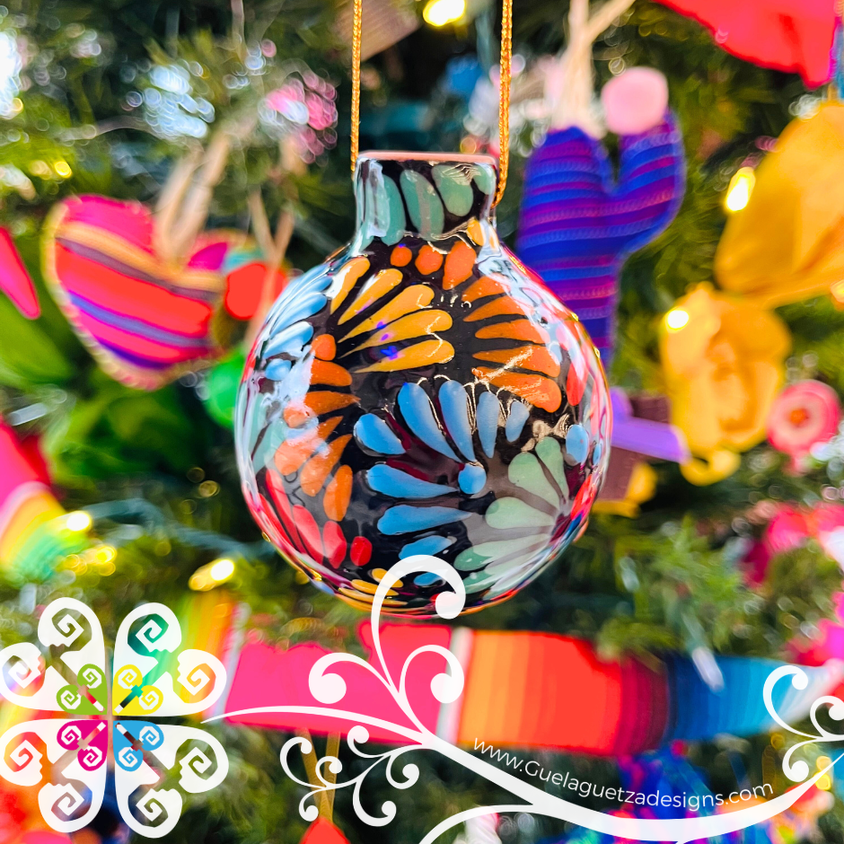 Black with Multi Puebla Ornaments - Talavera Christmas Ornaments
