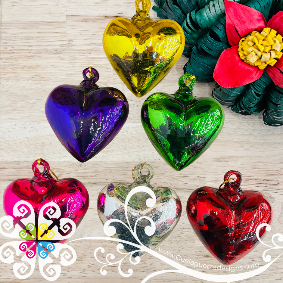 Set of Metallic Glass Heart Ornaments - Vidrio Soplado