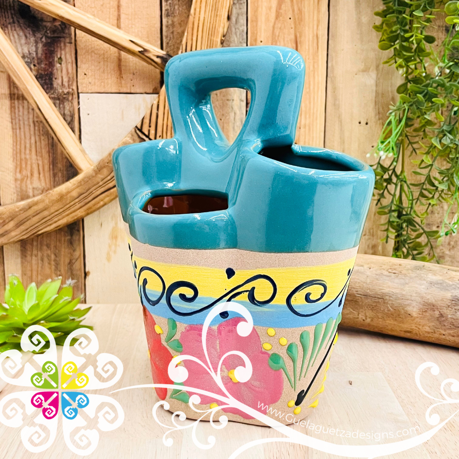 Teal Flores Clay Utensil Holder - Spoon Holder