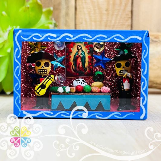 Blue Mini Square Virgen de Guadalupe Mexican Box Decor - Cajita Decorativa Barro Cocido