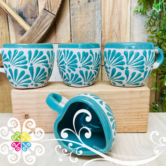 Set of 4 Teal Corazon Clay Mugs - Set Taza Barro