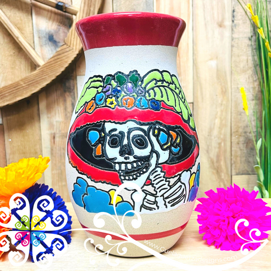 Red Catrina Ovulo Vase - Mexican Home Décor