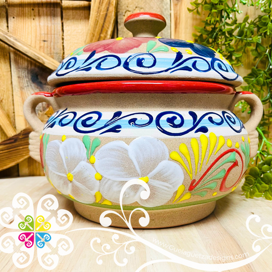 Large Cazuela Engobe Decorada de Barro con Tapa - Mexican Kitchen