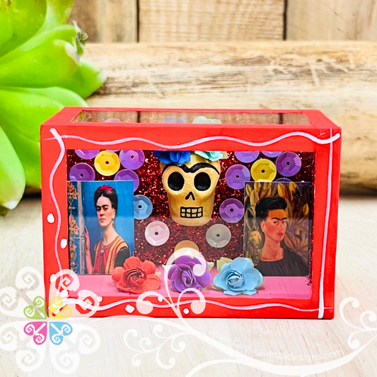 Red Mini Square Frida Mexican Box Decor - Cajita Decorativa Barro Cocido