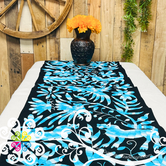Large Black and Blue Otomi Table Runner - Camino de Tenango
