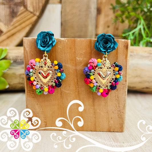 Multicolor Corazon Milagrito Wood Studs- Palm Earrings