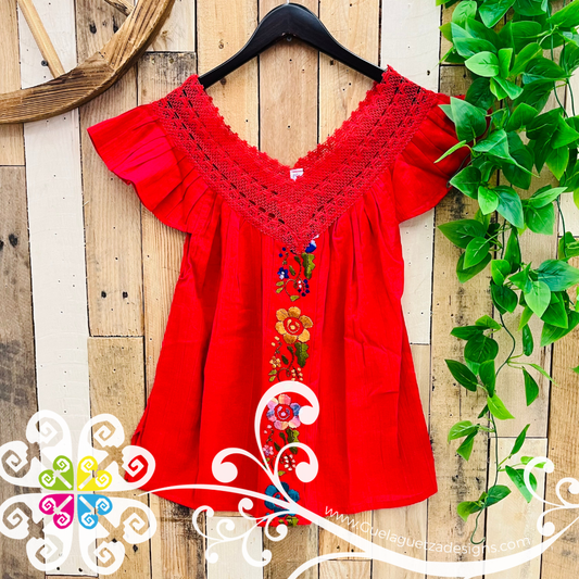 Red V Neck Top - Blusa Bordada