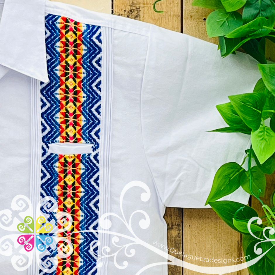 White with Blue Guayabera Michoacán - Embroider Men Shirt