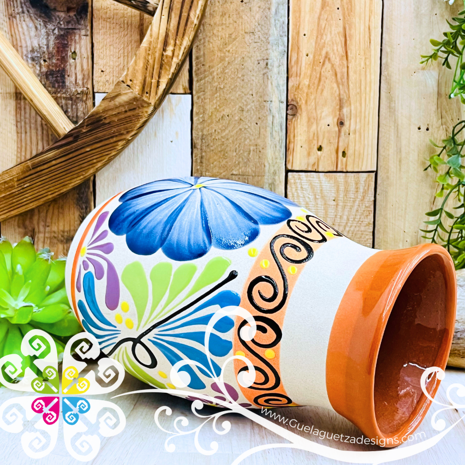 Orange Florero Ovulo Floreado - Mexican Home Décor