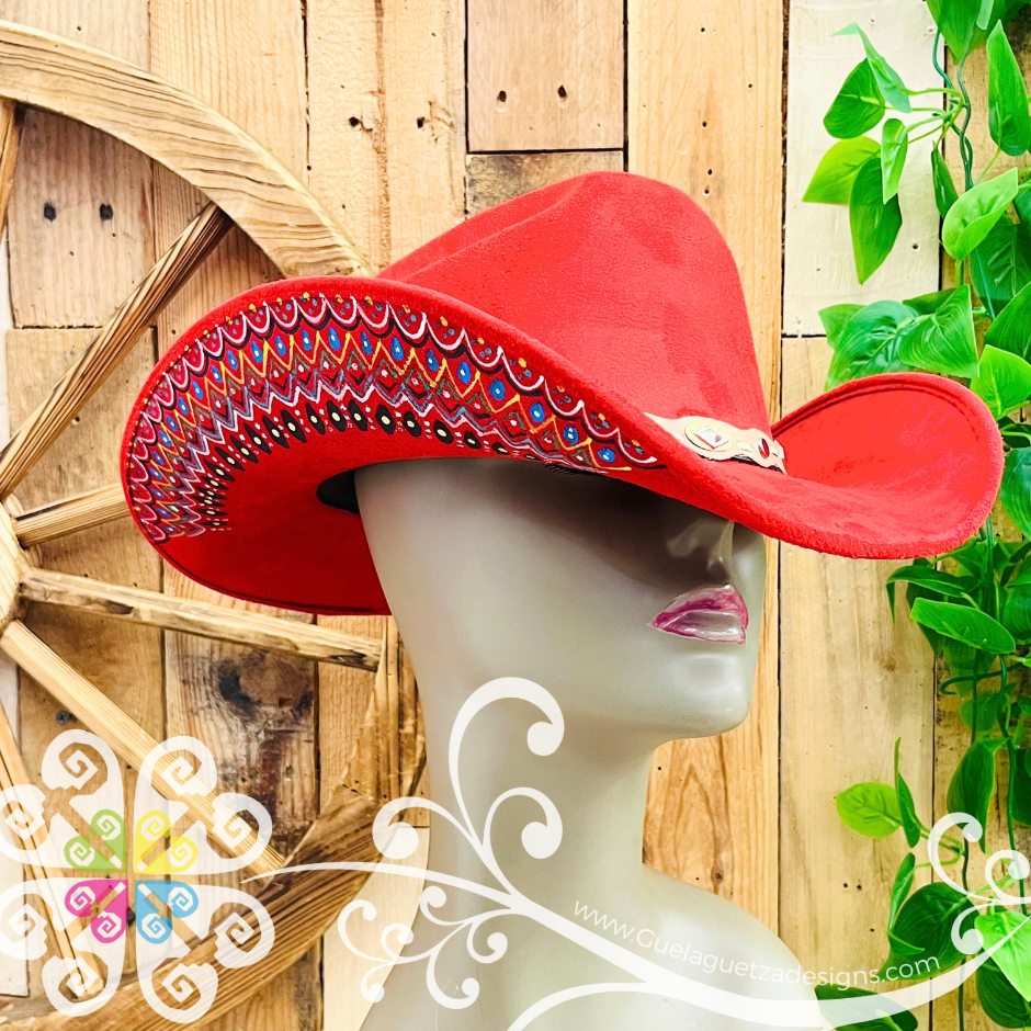 Red Mitla Cowboy Velvet Hat - Hand Painted Hat