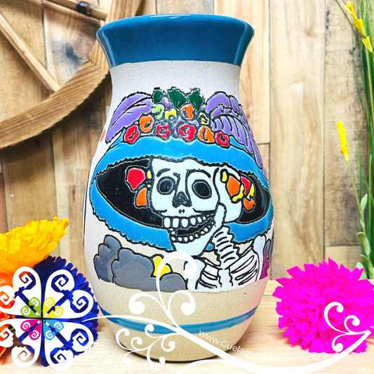 Blue Turquoise Catrina Ovulo Vase - Mexican Home Décor