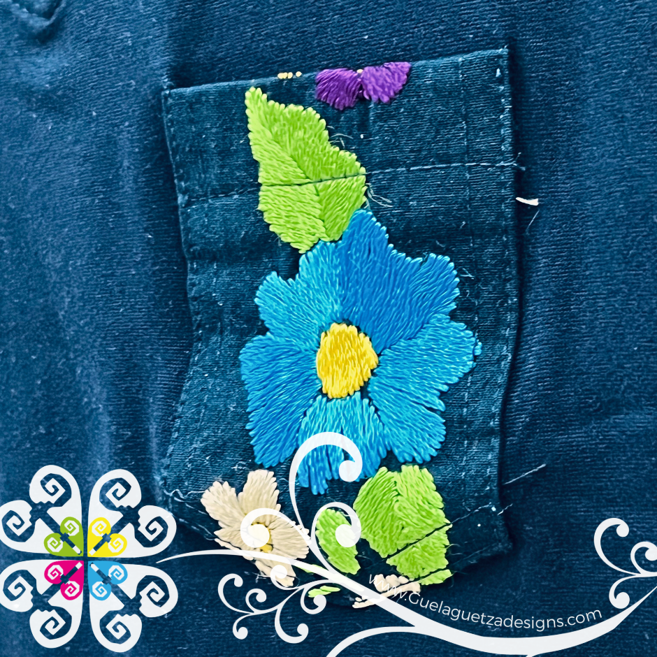 Navy Blue Flor Aro Embroider Women Tee - Pocket Embroider