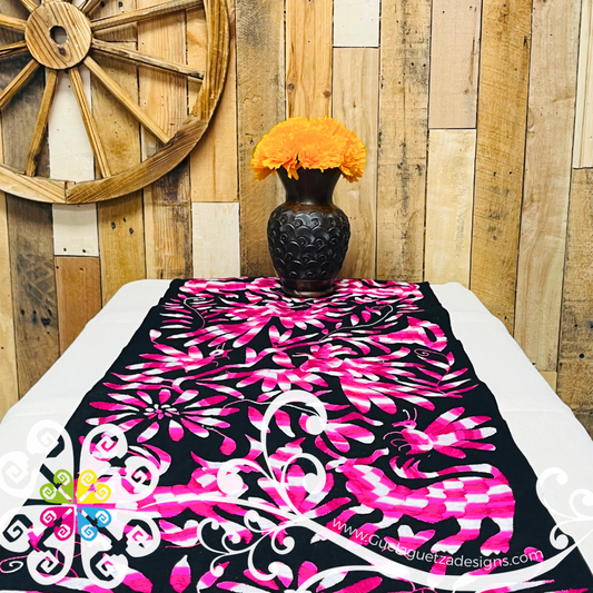 Large Black and Fuchsia Otomi Table Runner - Camino de Tenango
