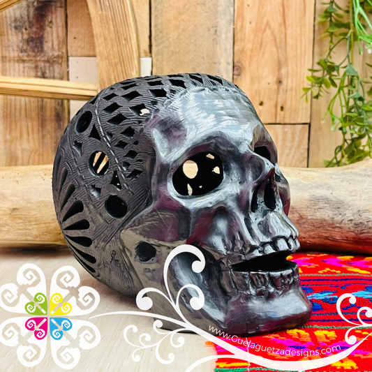 Large Calado Skull  - Black Clay Oaxaca