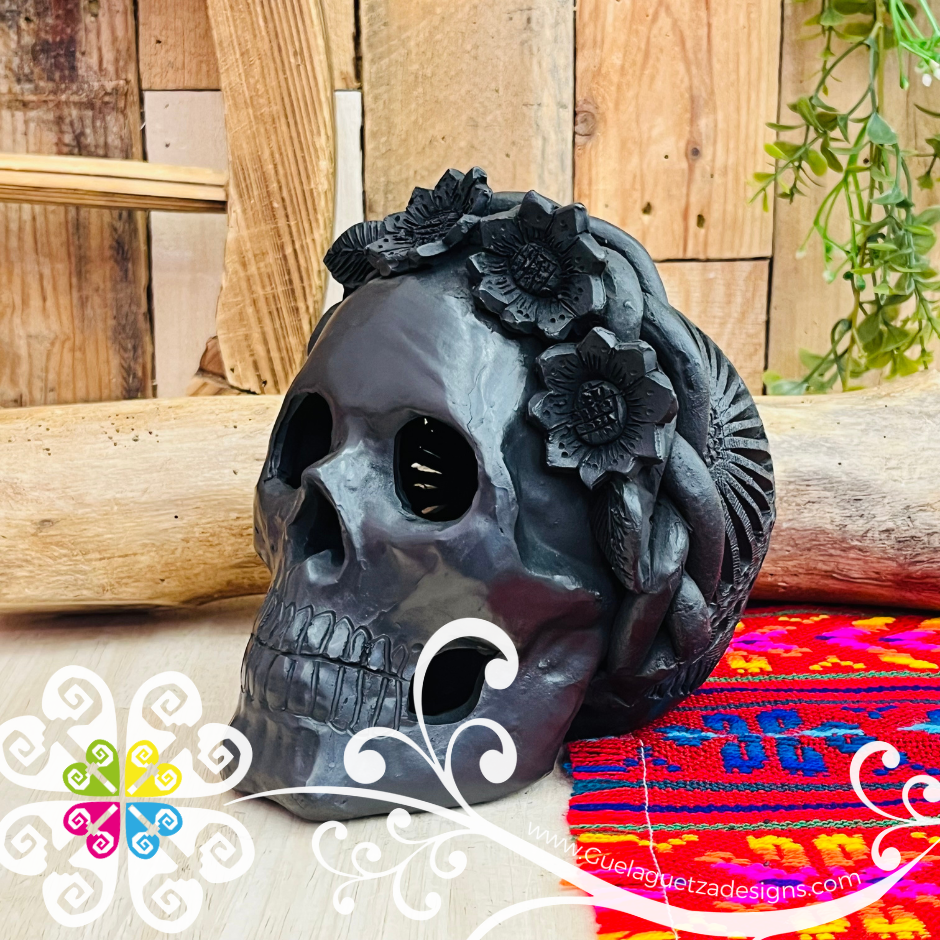 Medium Frida Skull  - Black Clay Oaxaca