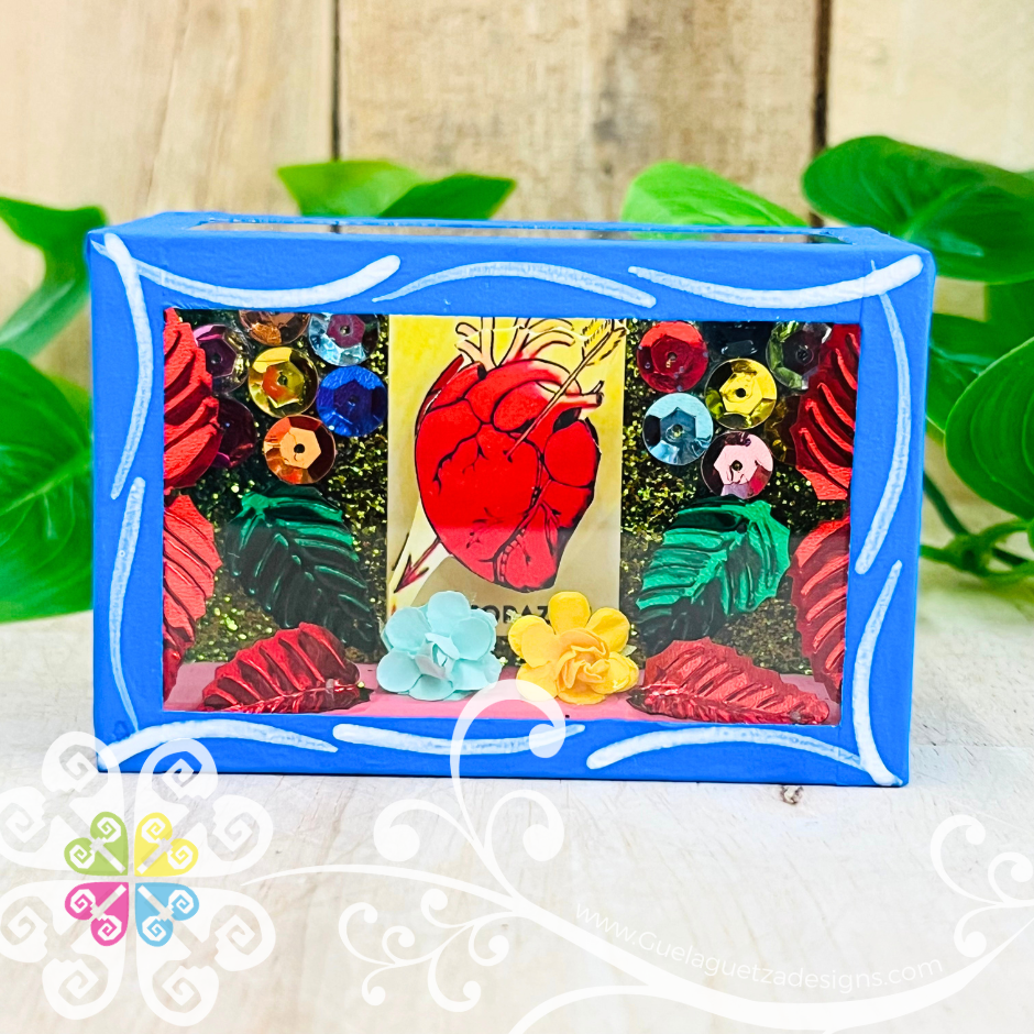 Mini Blue Square LoteriaMX Mexican Box Decor - Cajita Decorativa Barro Cocido
