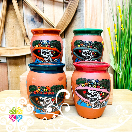 Set of 4 Catrina Cantarito - Dia de los Muertos Cantarito - - Set Clay Cantarito