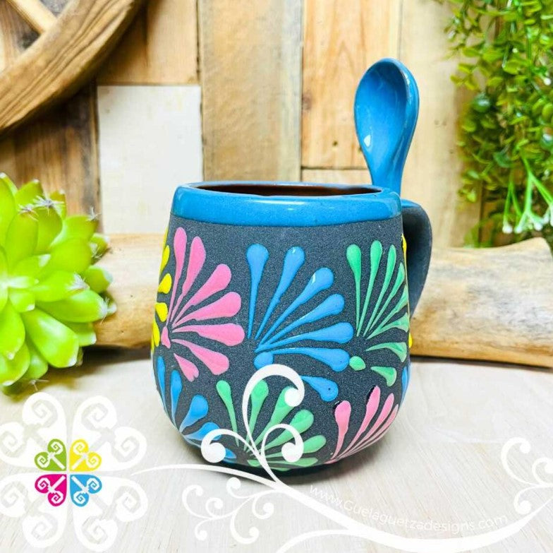 Blue With Multicolor Clay Mug with Spoon - Taza Espiga con Cuchara