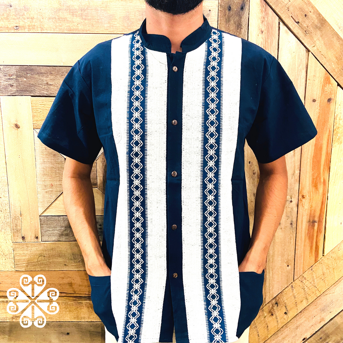 Navy Blue Pepita Guayabera - Men Shirt