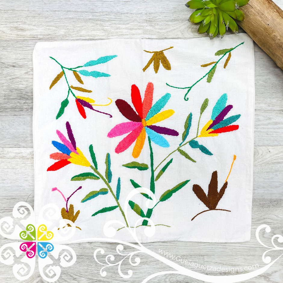 Flowers Design - Square Natural Otomi Decorative Pillow Cases