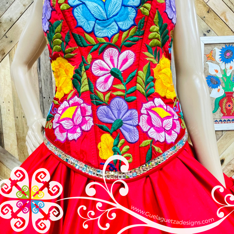 Red Quinceaera Puebla Dress - CUSTOM ORDER Guelaguetza Designs Red Quinceaera Puebla Dress - CUSTOM ORDER Guelaguetza Designs