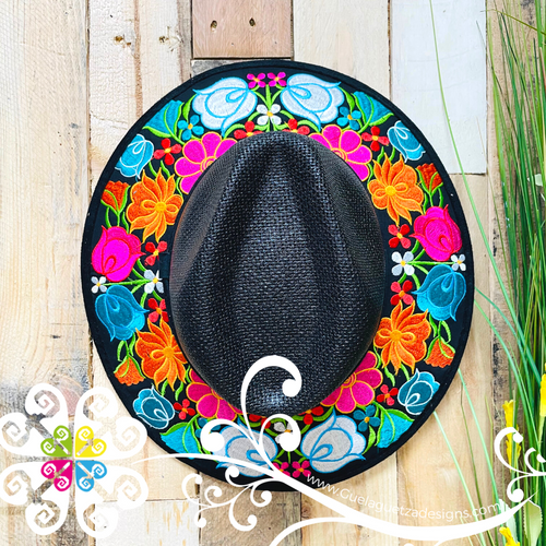 Black Embroider Summer Hat - Black Floral Rim