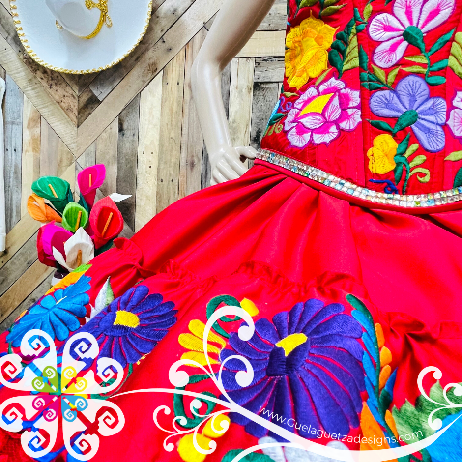 red mexican dress Red Quinceañera Puebla Dress