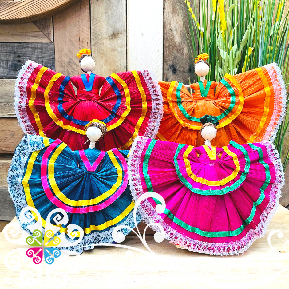 Set of 4 Small Corn Husk Doll Wide Skirt