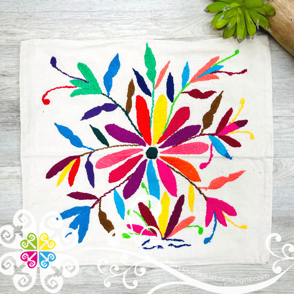 Flowers Design - Square Natural Otomi Decorative Pillow Cases