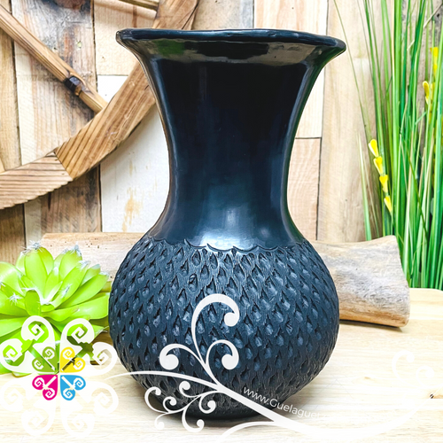 Large Trumpet Black Clay Vase - Barro Negro Oaxaca