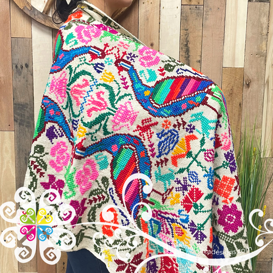 Full Embroider Wool Peacock Scarf - Rebozo Bordado