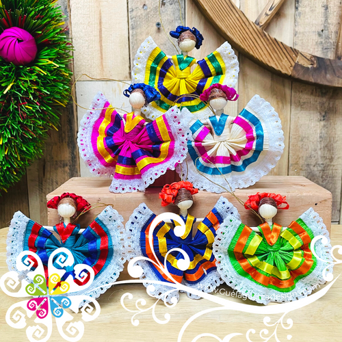 Set of 6 Corn Husk Wide Skirt Doll - Mexican Ornament