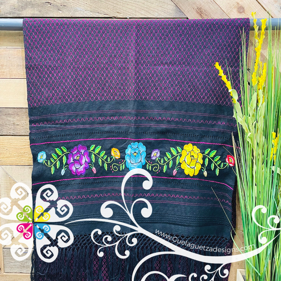 Tehuana Embroider Scarf- Artisan Pedal Loom Shawl