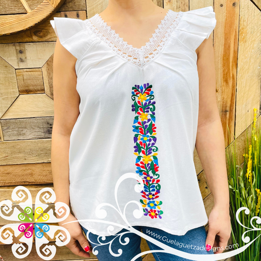 White V Neck Top - Blusa Bordada