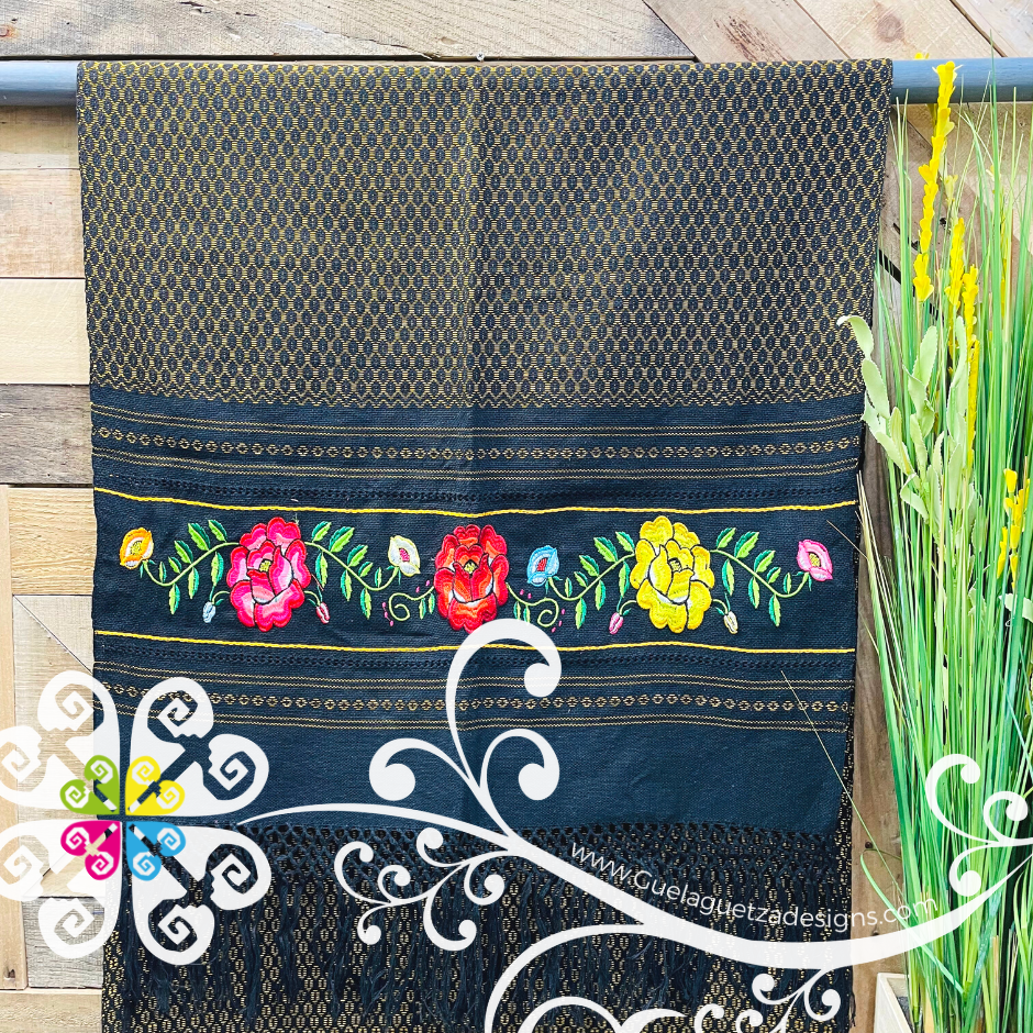 Tehuana Embroider Scarf- Artisan Pedal Loom Shawl