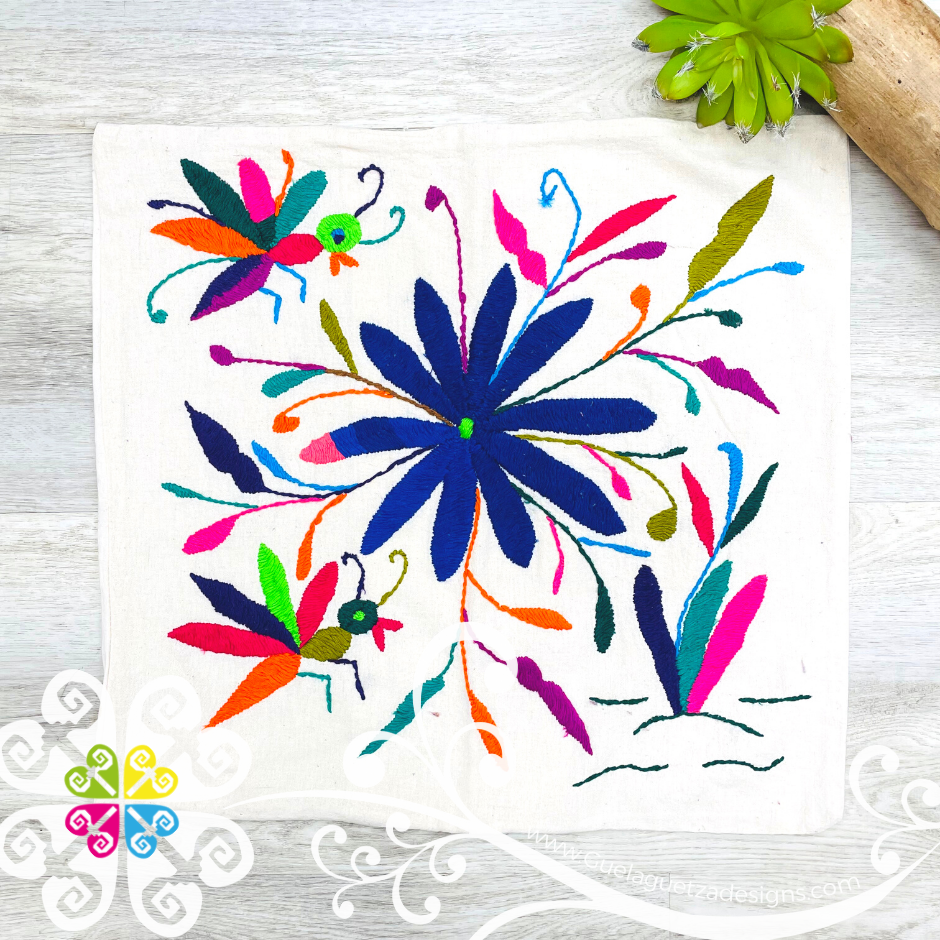 Flowers Design - Square Natural Otomi Decorative Pillow Cases