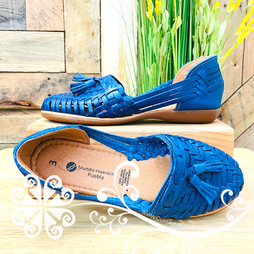 Navy Blue Tassels Flat Shoes - Huarache Piel