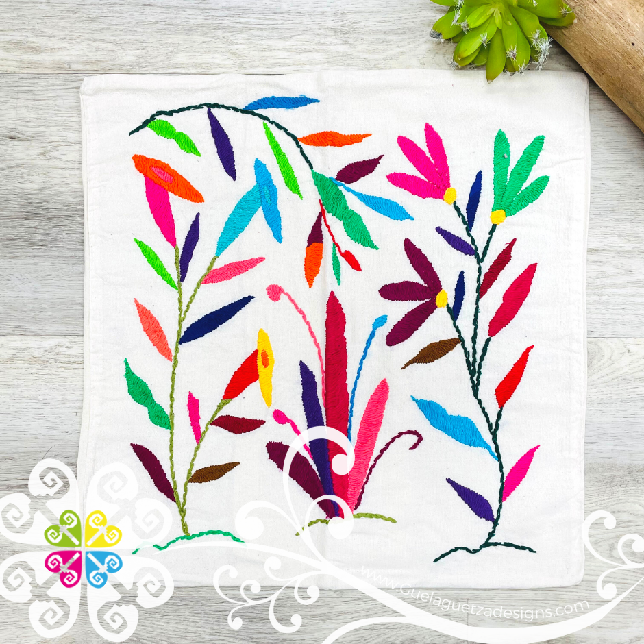 Flowers Design - Square Natural Otomi Decorative Pillow Cases