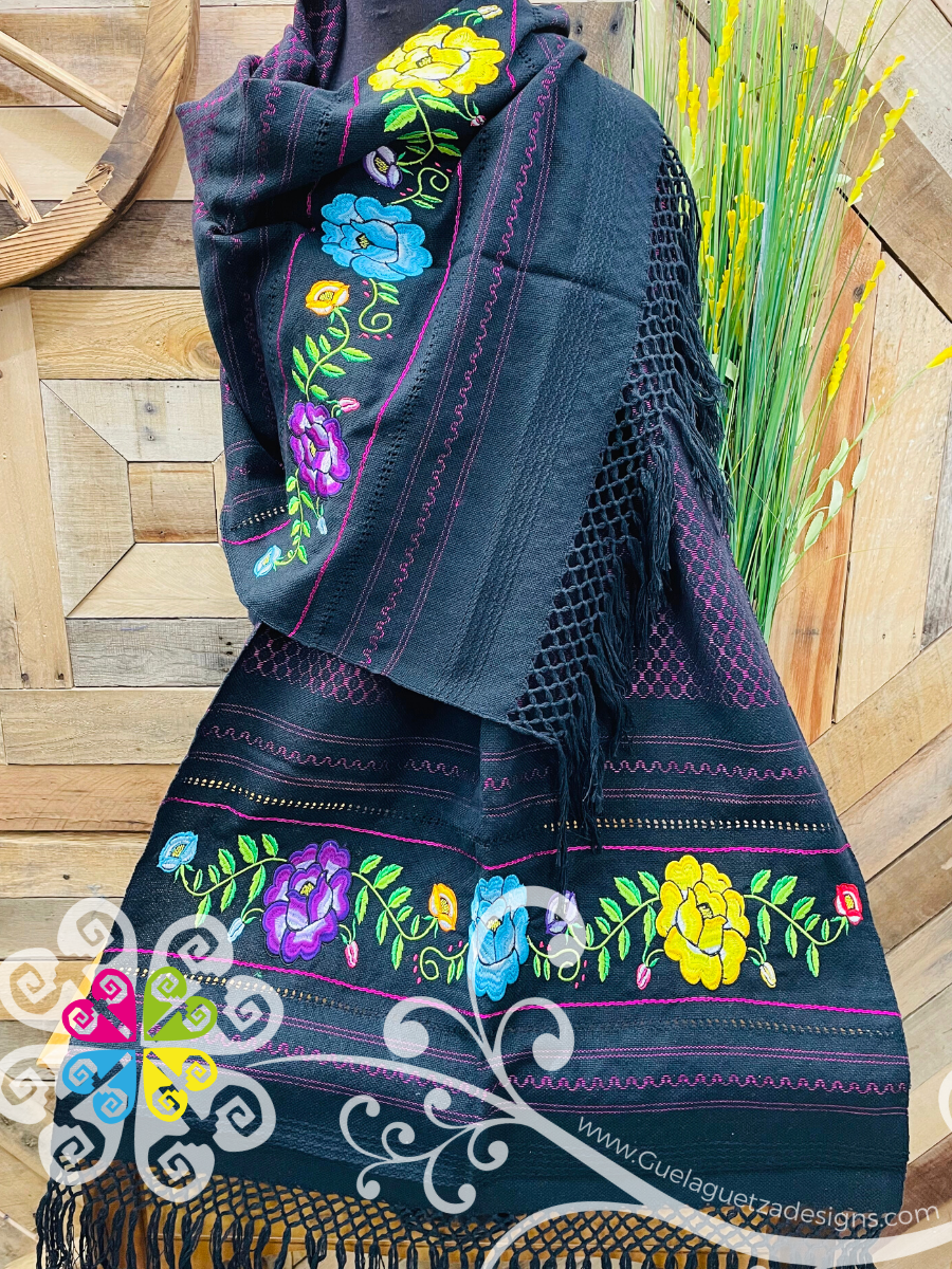 Tehuana Embroider Scarf- Artisan Pedal Loom Shawl