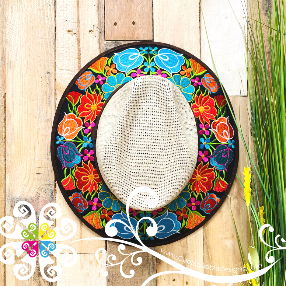 Beige Embroider Summer Hat - Floral Dark Brown Rim