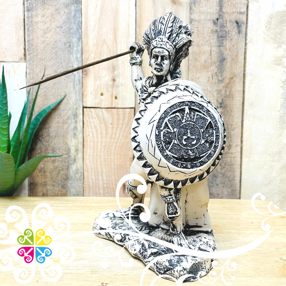 Aztec Statue Designs Medium Aztec Warrior Statue - Resin Warrior – Guelaguetza Designs