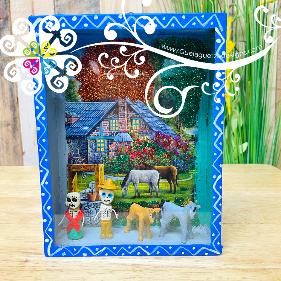 Blue Mexican Scene Box Decor - Cajita Decorativa Barro Cocido