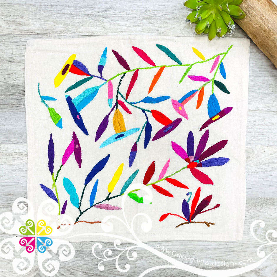 Flowers Design - Square Natural Otomi Decorative Pillow Cases