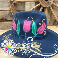 Navy Blue Tulips Hat- Hand Painted Fall Hat