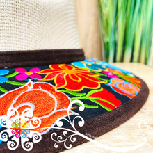 Beige Embroider Summer Hat - Floral Dark Brown Rim