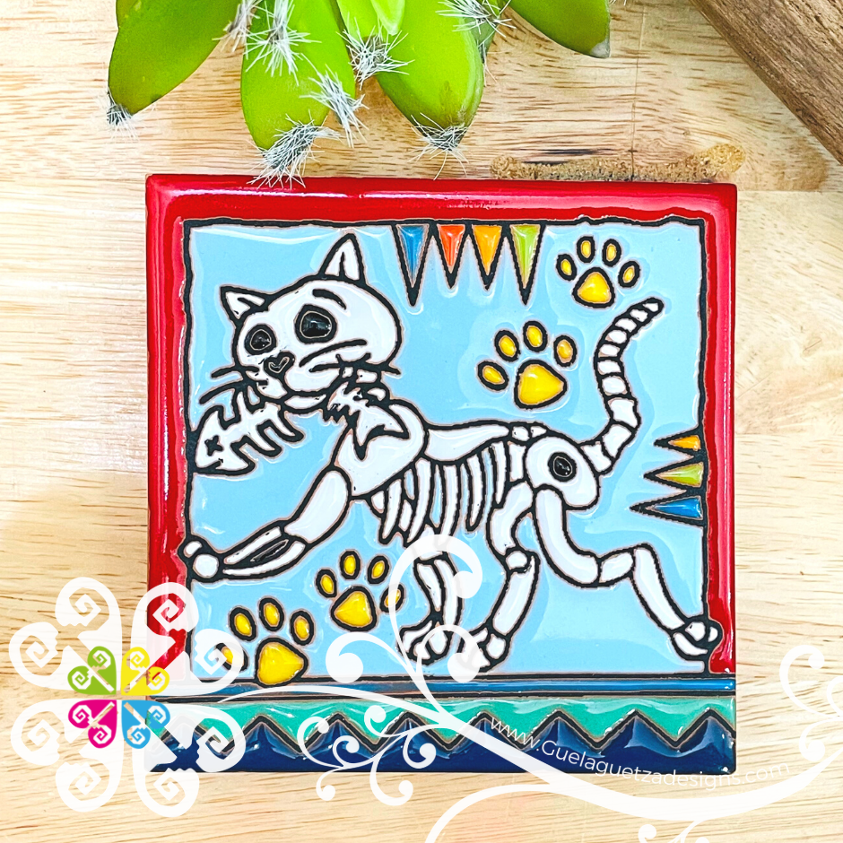 Skeleton Cat Coaster Tile - Single Day of the Dead Coaster