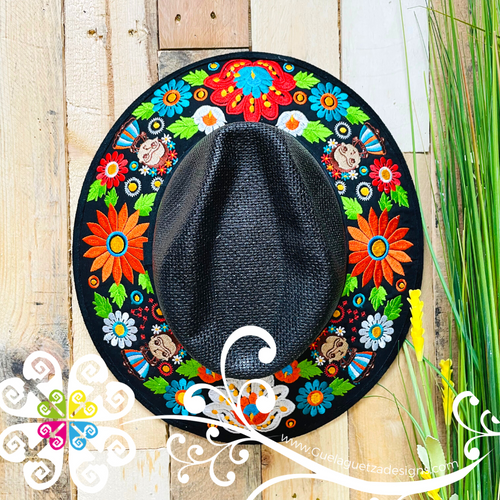 Black Embroider Summer Hat - Frida Bouquet
