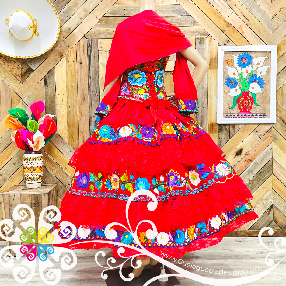 Red Quinceaera Puebla Dress - CUSTOM ORDER Guelaguetza Designs Red Quinceaera Puebla Dress - CUSTOM ORDER Guelaguetza Designs