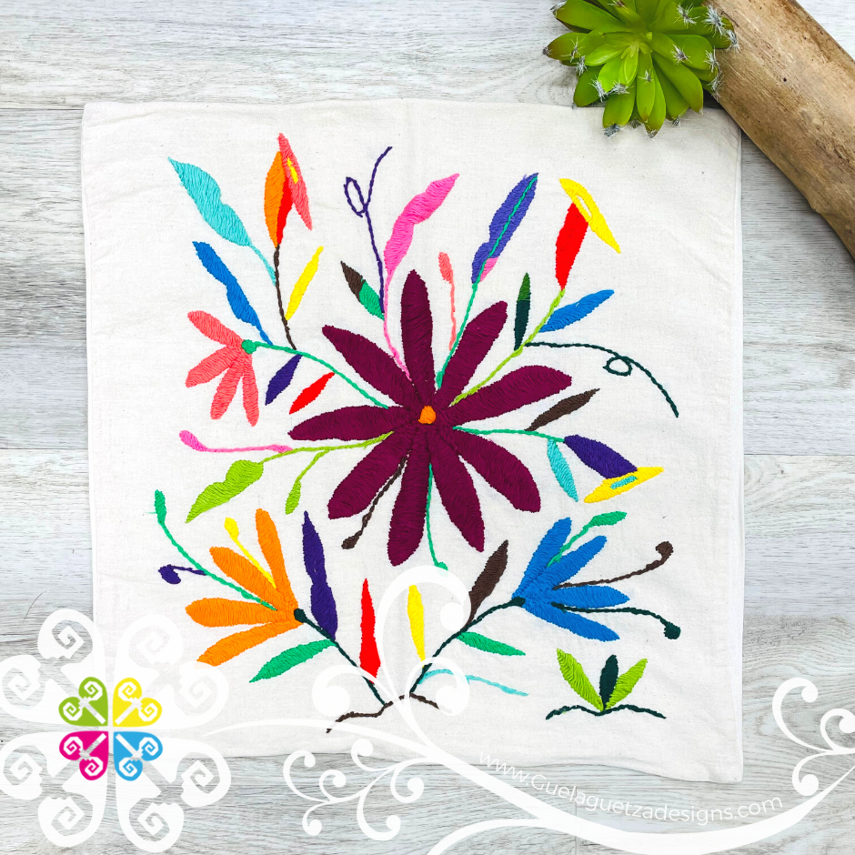 Flowers Design - Square Natural Otomi Decorative Pillow Cases